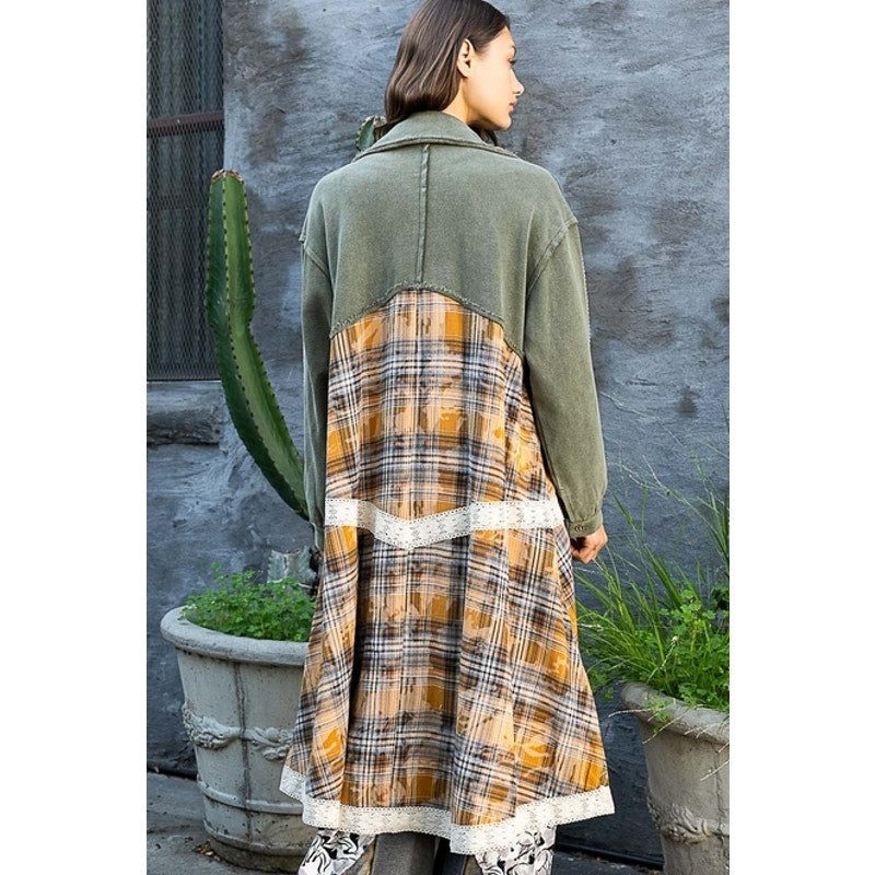Olive Full Sleeve Lace Trim Detail Plaid Mix Open Jacket