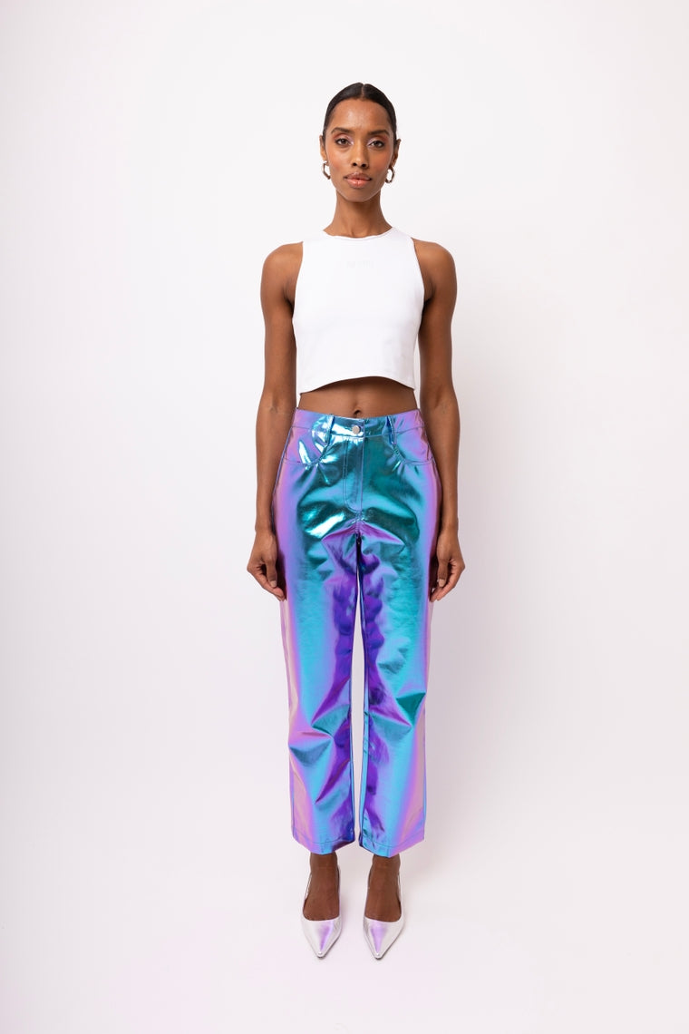 Amy Lynn Lupe Mid Rise Straight Faux Leather Metallic Trouser in Ombre