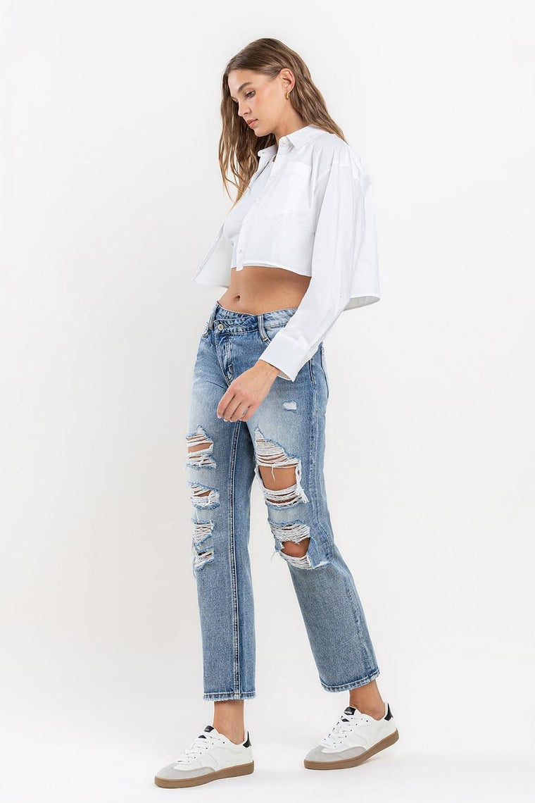 The Options High Rise Criss Cross Distressed Boyfriend Jeans