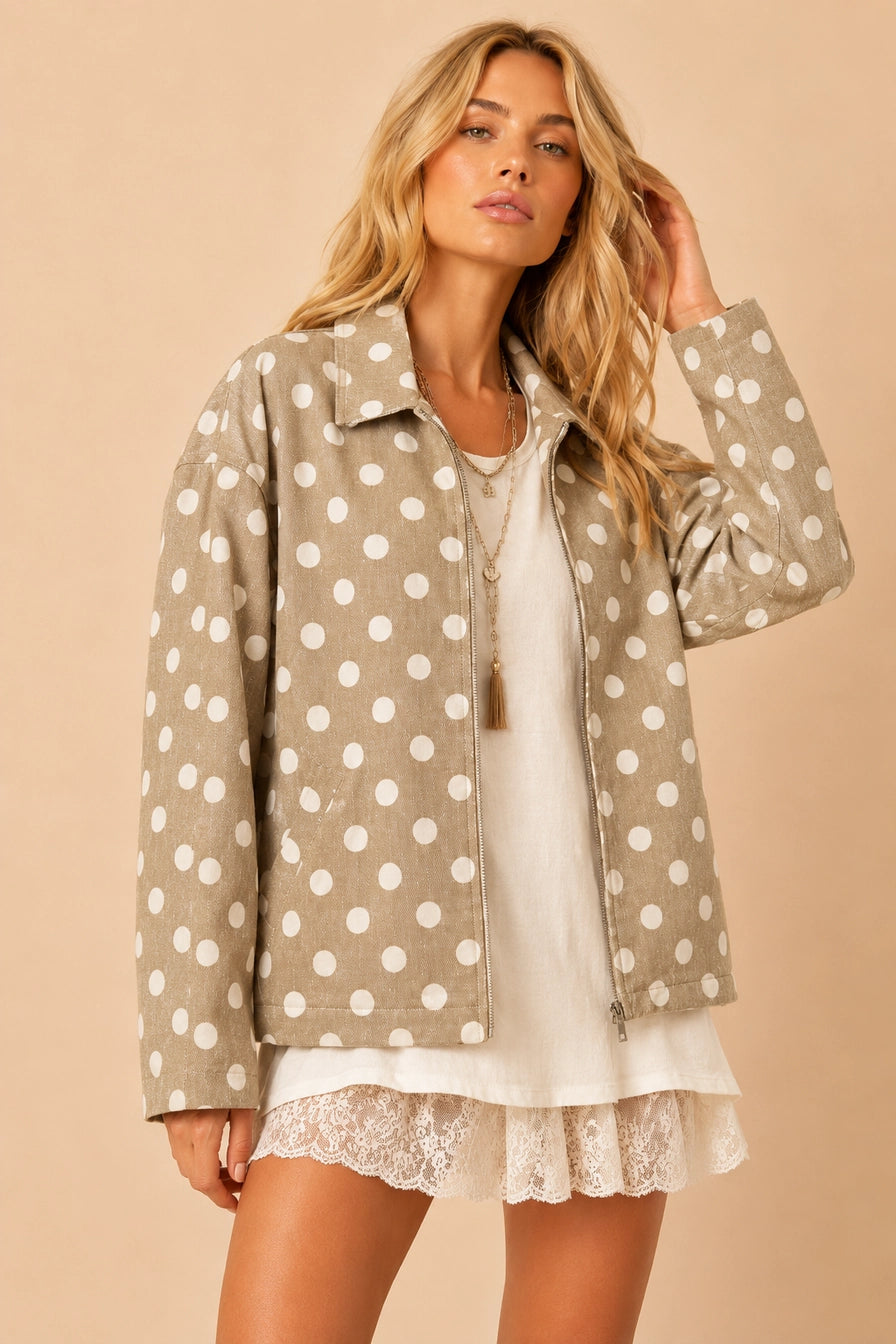 Taupe Polka Dot Twill Zip-Up Jacket