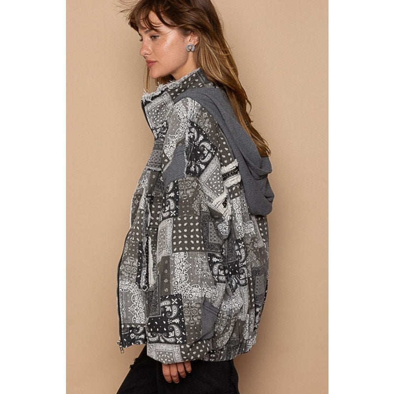 Black Multi Hooded High Neck Paisley Patchwork Bomber Jacket