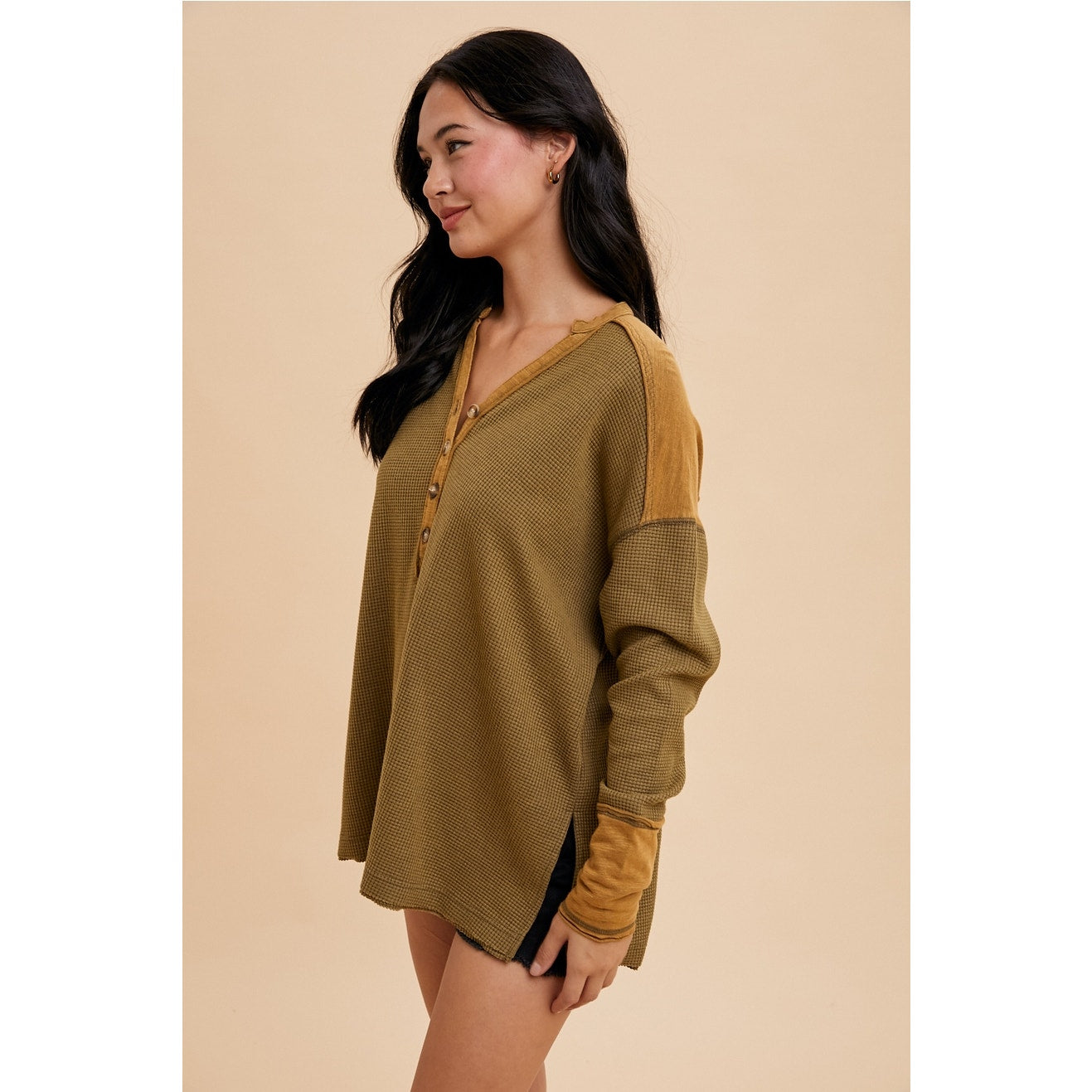 Olive Garment Washed Thermal Henley