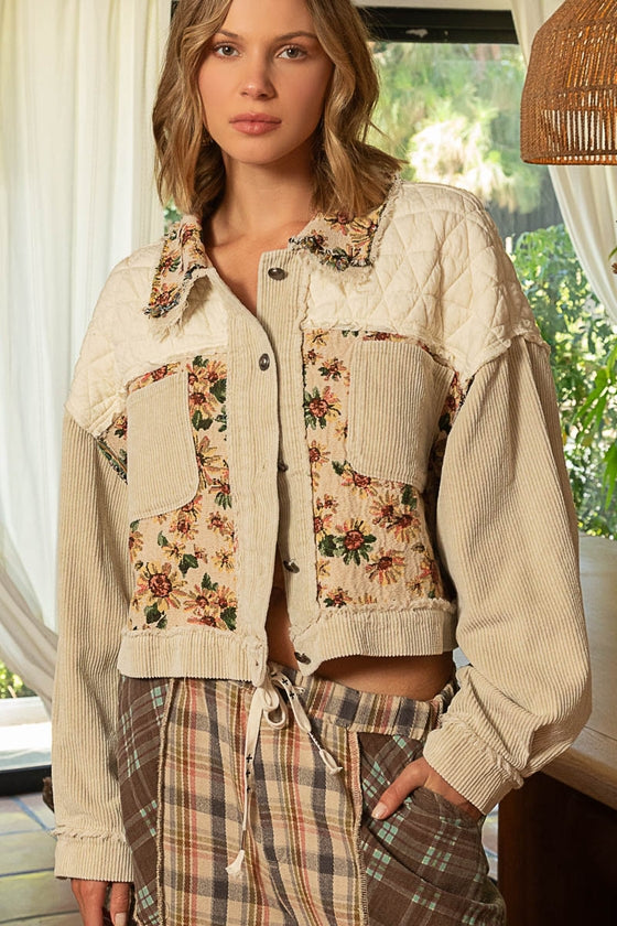 Chaqueta de pana con botones y jacquard con paneles acolchados en contraste