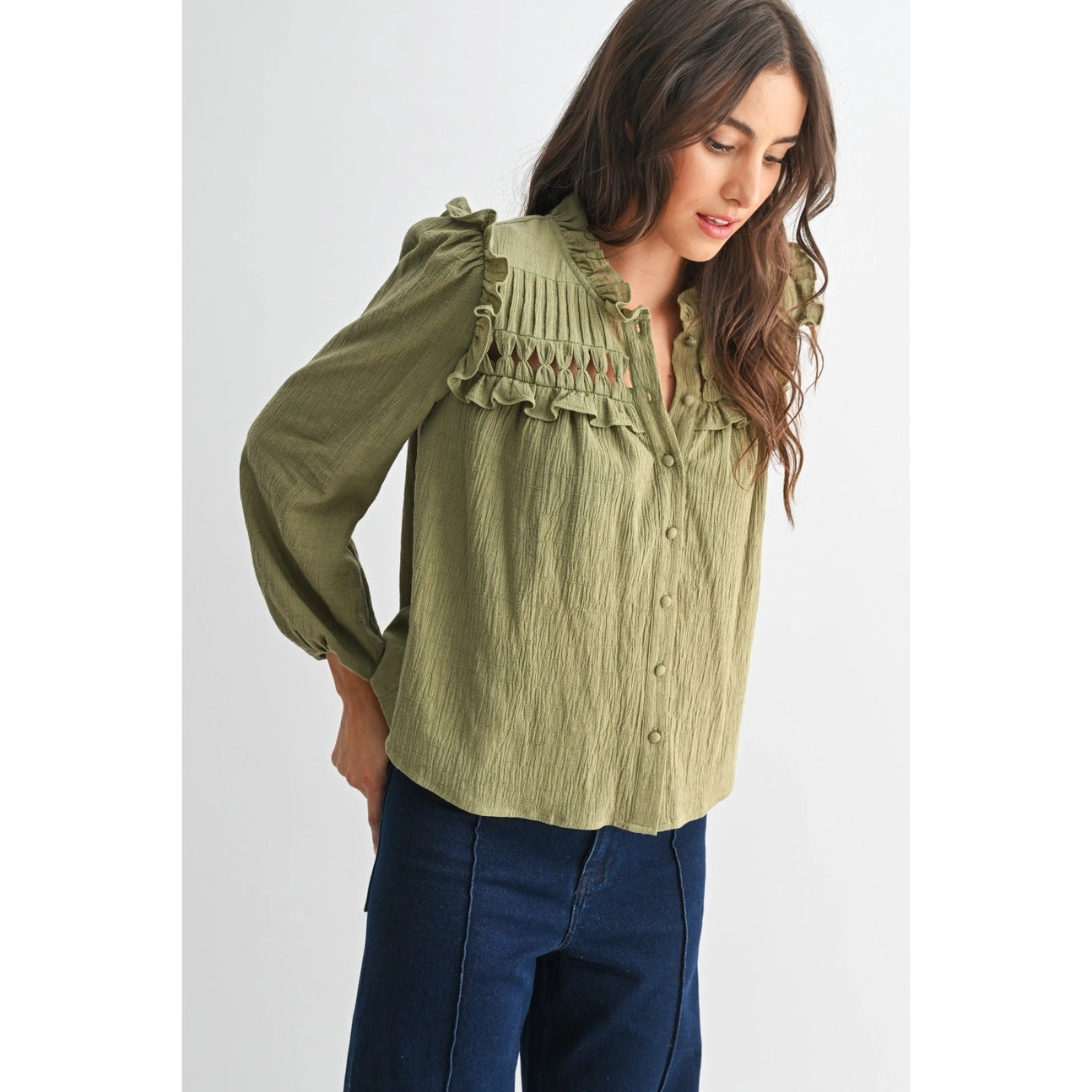 Olive Blouse with Ruffled Detail