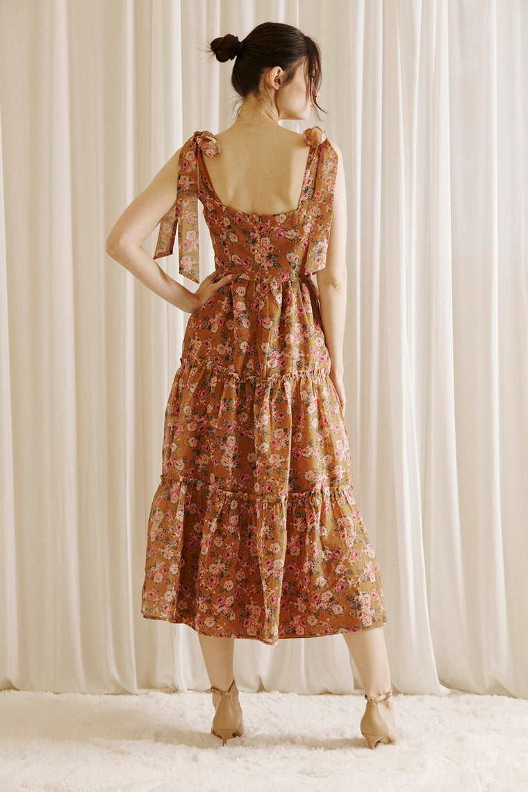 Caramel Rose Print Romantic Midi Dress