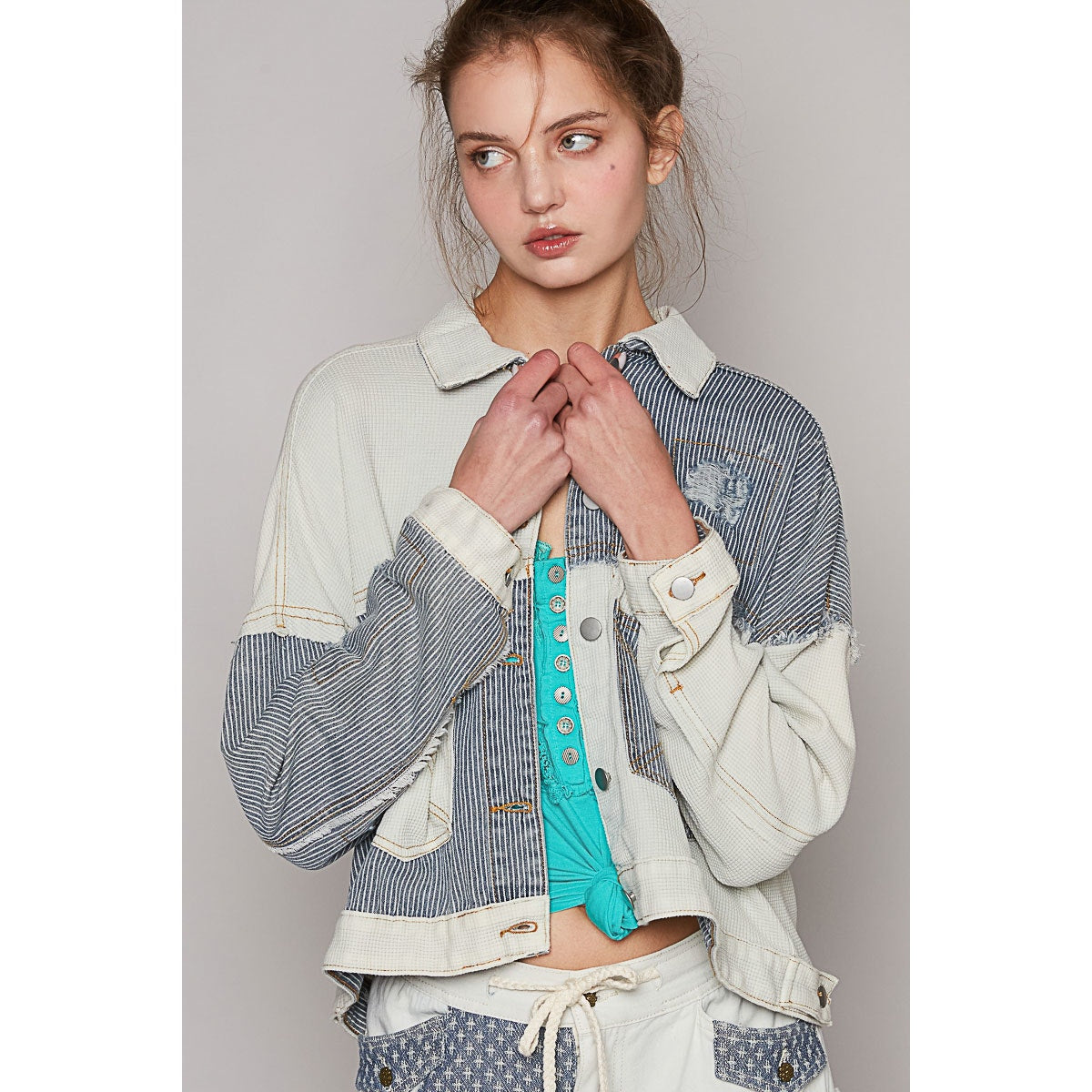 Ivory Multi Pinstripe Oversized Distressed Patchwork Jacket
