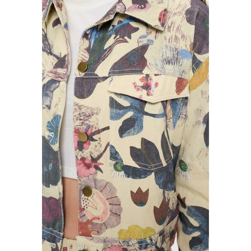 Botanical Print Button Down Denim Jacket