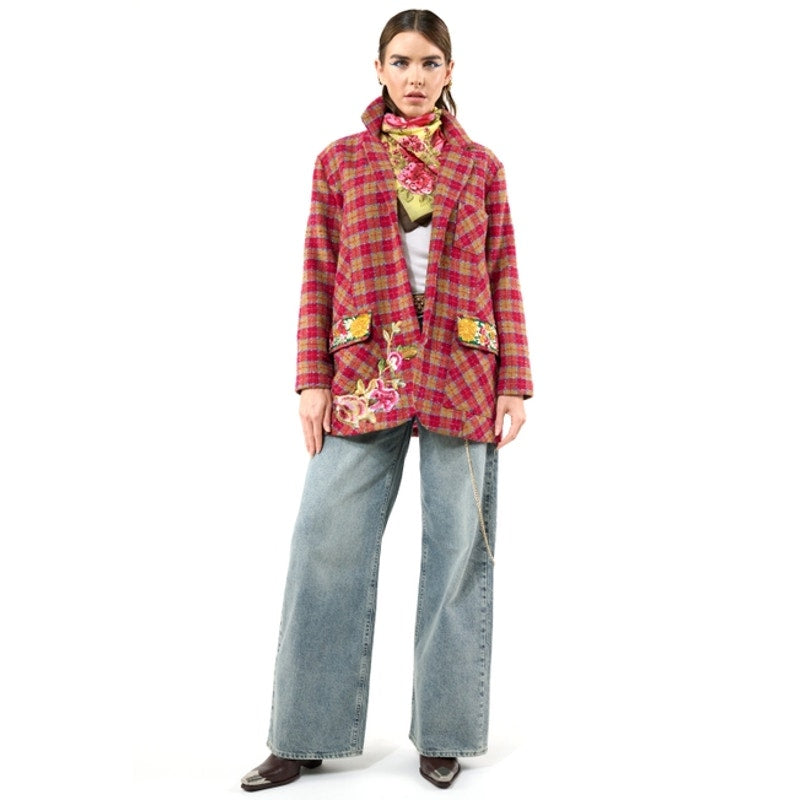 Chaqueta blazer Aratta con forro de bouclé de coco y camello fucsia
