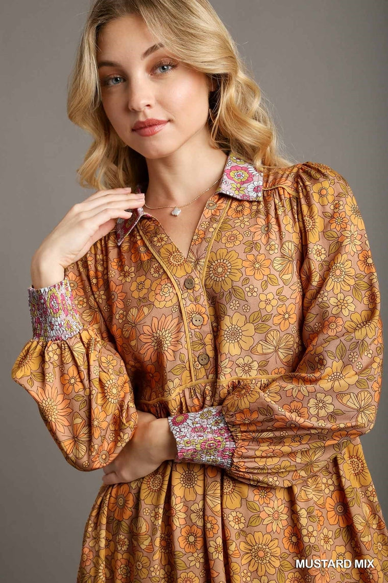 Mix Match Floral Print Collared Neck Dress with Ruffle