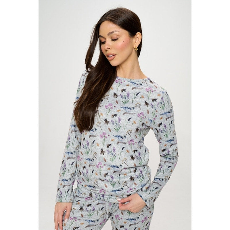 Top tipo jersey de manga larga con cuello redondo y estampado floral de pájaros y abejas