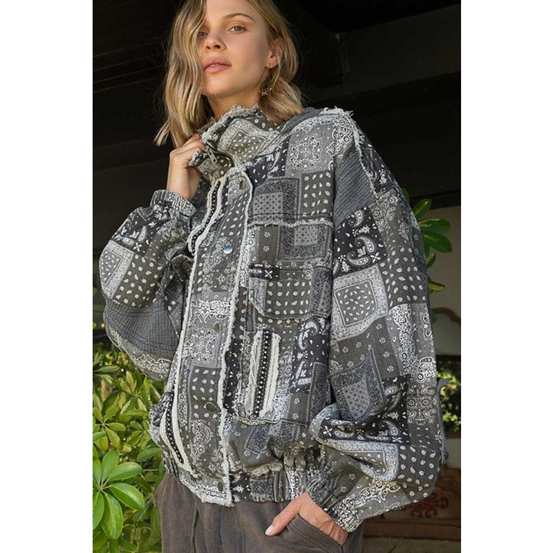 Black Multi Hooded High Neck Paisley Patchwork Bomber Jacket