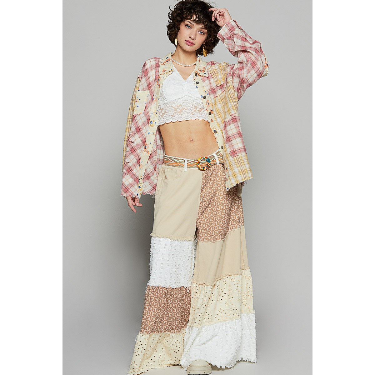 Mauve Full Sleeve Floral Pattern Woven Plaid Shirt