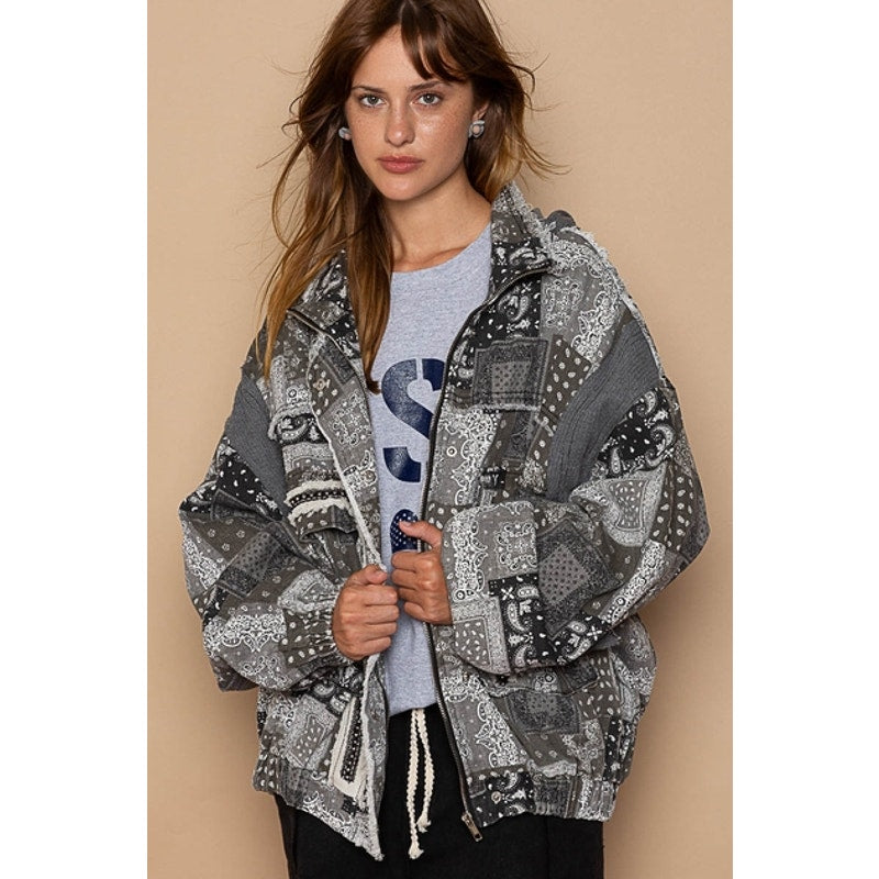 Black Multi Hooded High Neck Paisley Patchwork Bomber Jacket