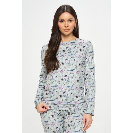 Pull ras du cou à manches longues et imprimé floral oiseaux et abeilles