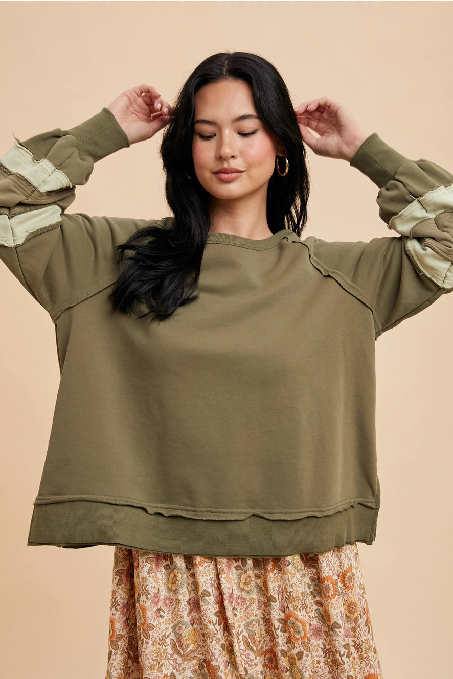 Garment Washed Embroidered Sleeve Pullover
