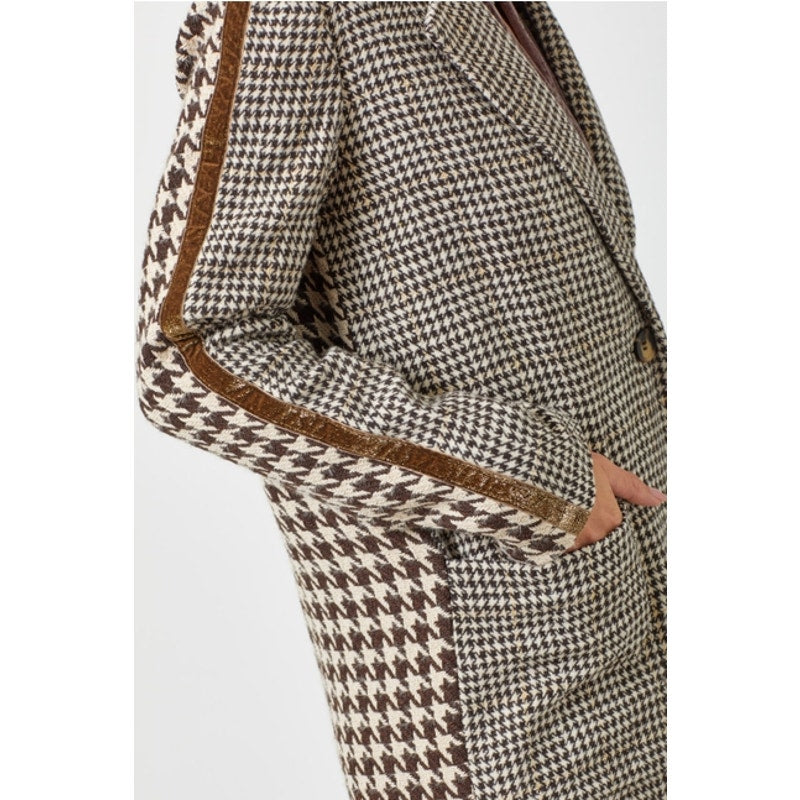 Gold Tape Trim Brown Houndstooth Coat