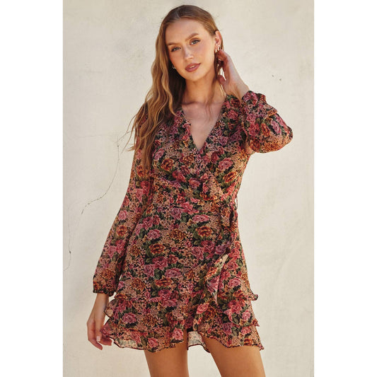 Vintage Rose Lurex Ruffled Surplice Mini Dress