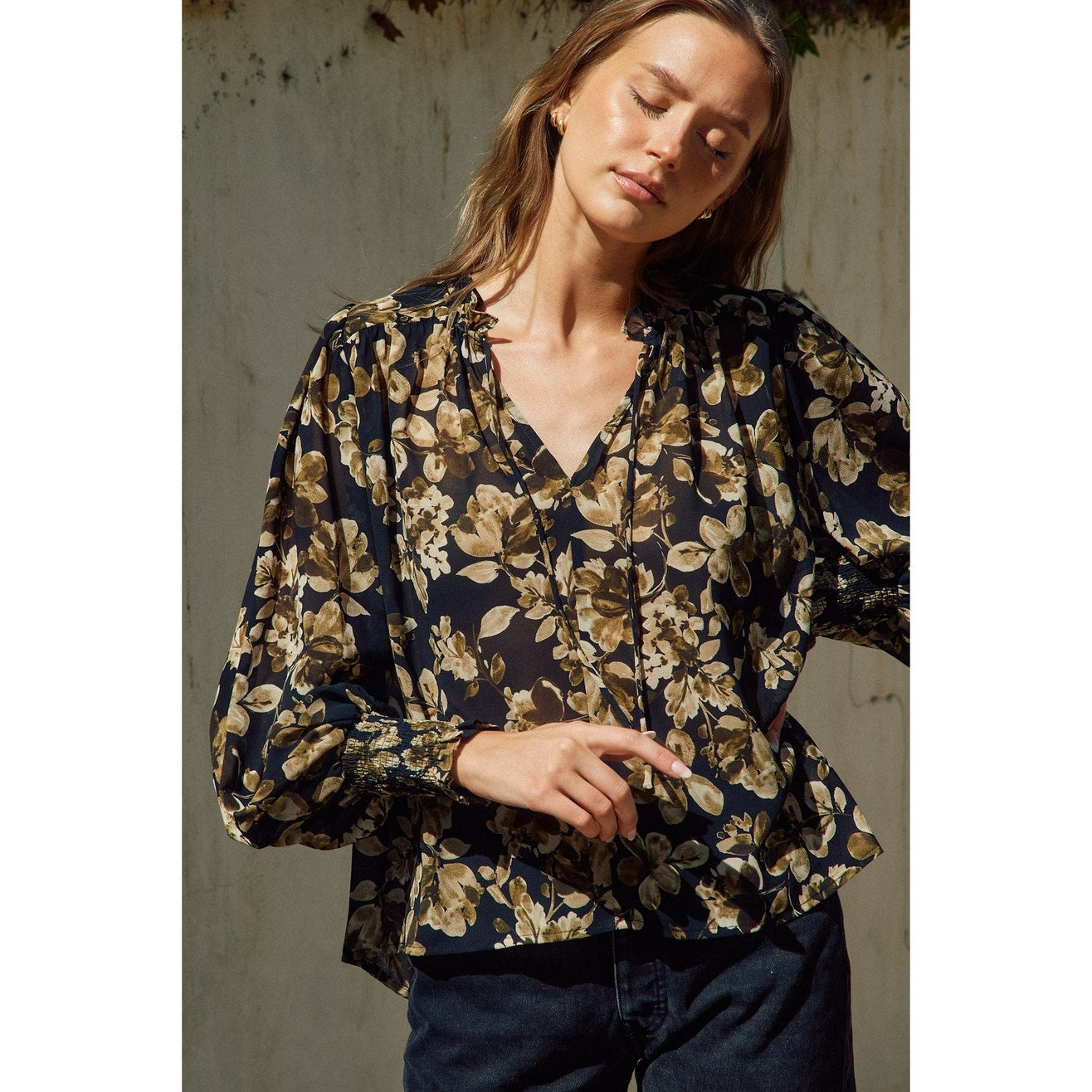 Black Floral Ruffled Neck Blouse