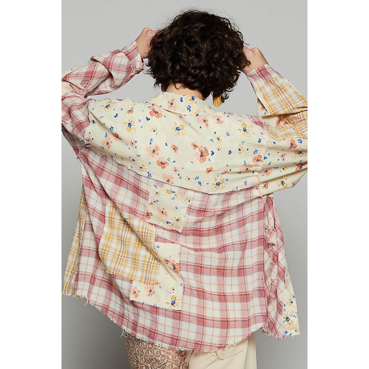 Mauve Full Sleeve Floral Pattern Woven Plaid Shirt