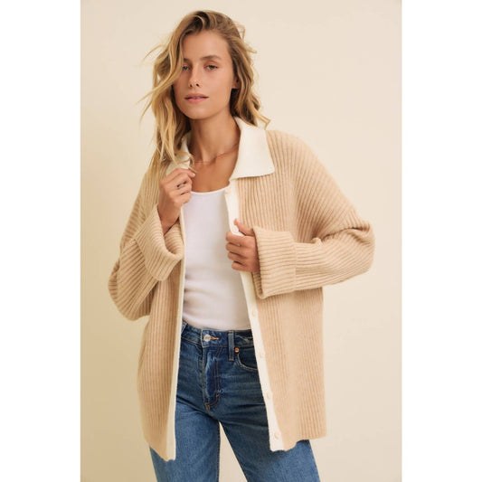 Two Tone Rib Sweater Cardigan with Contrast Collar