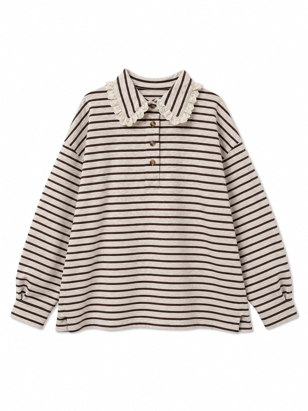 Oatmeal Striped Lace Collar Polo Top