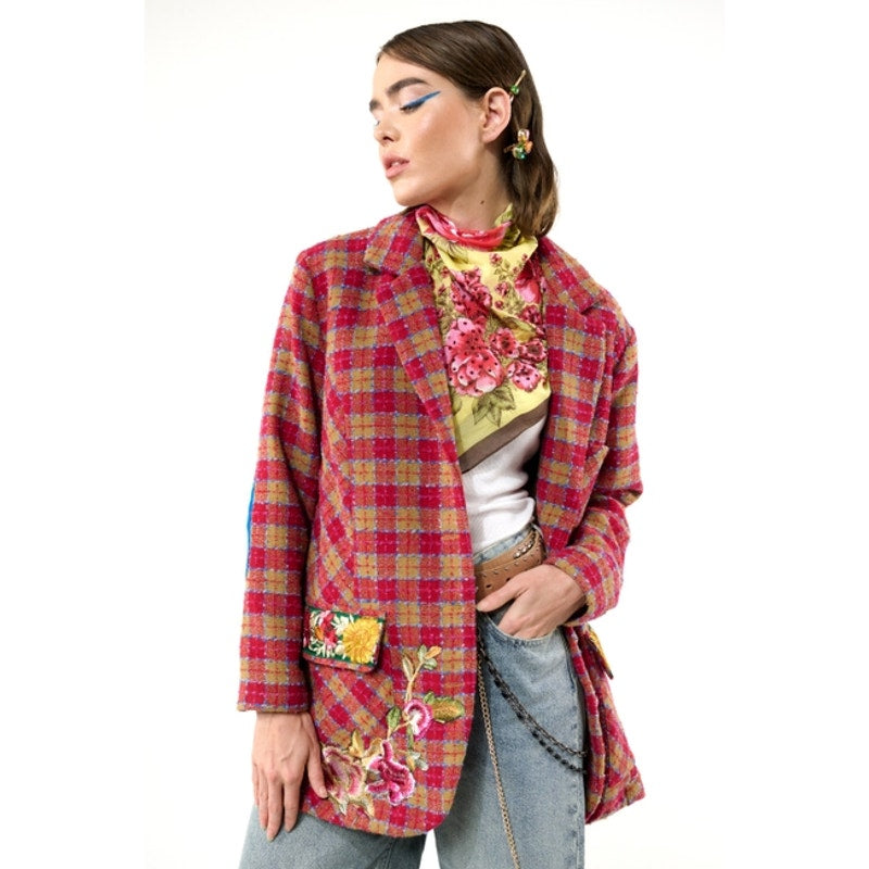 Chaqueta blazer Aratta con forro de bouclé de coco y camello fucsia