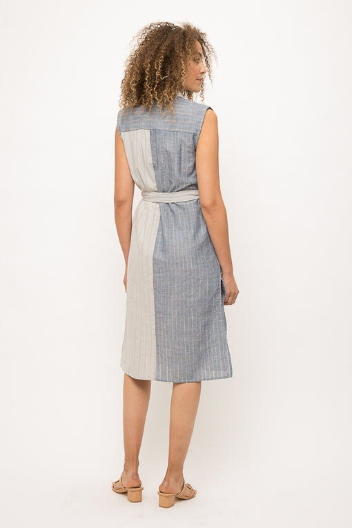 Mix Media Waist Tie Sleeveless Shirt Dress