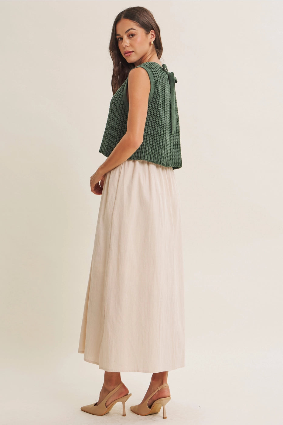 Forest Green Chunky Sweater Mixed Media Midi Dress