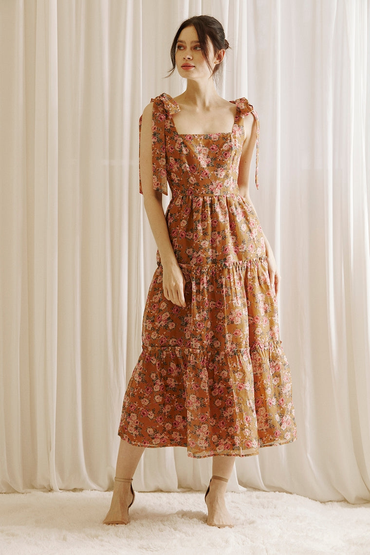 Caramel Rose Print Romantic Midi Dress