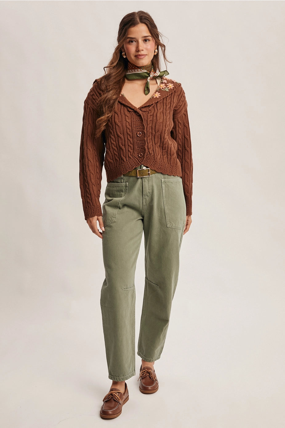 Mocha Cable Knit Embroidered Collar Cardigan