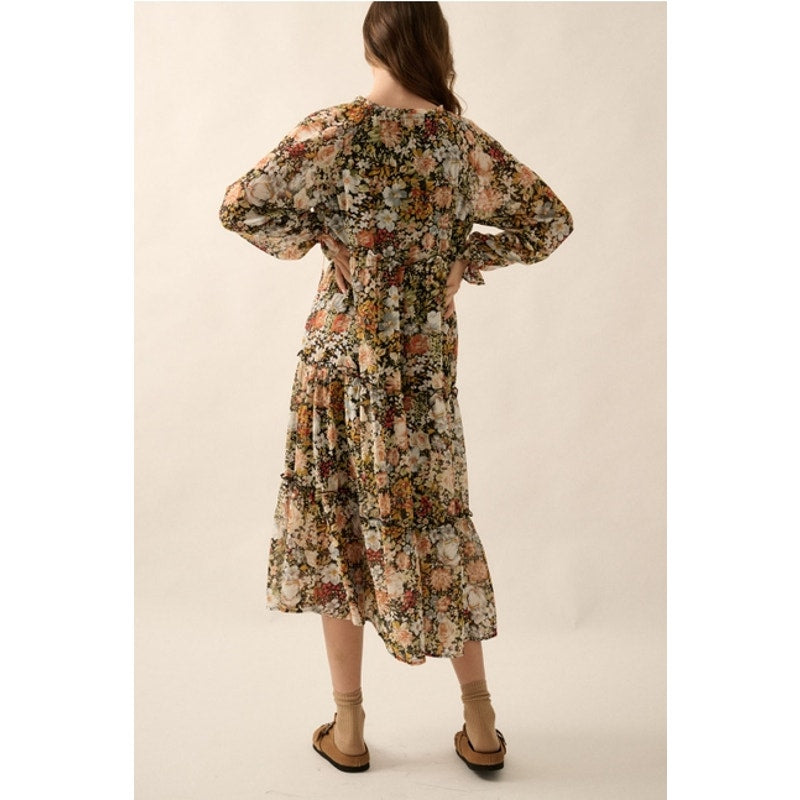 Black Floral V-Neck Chiffon Midi Dress