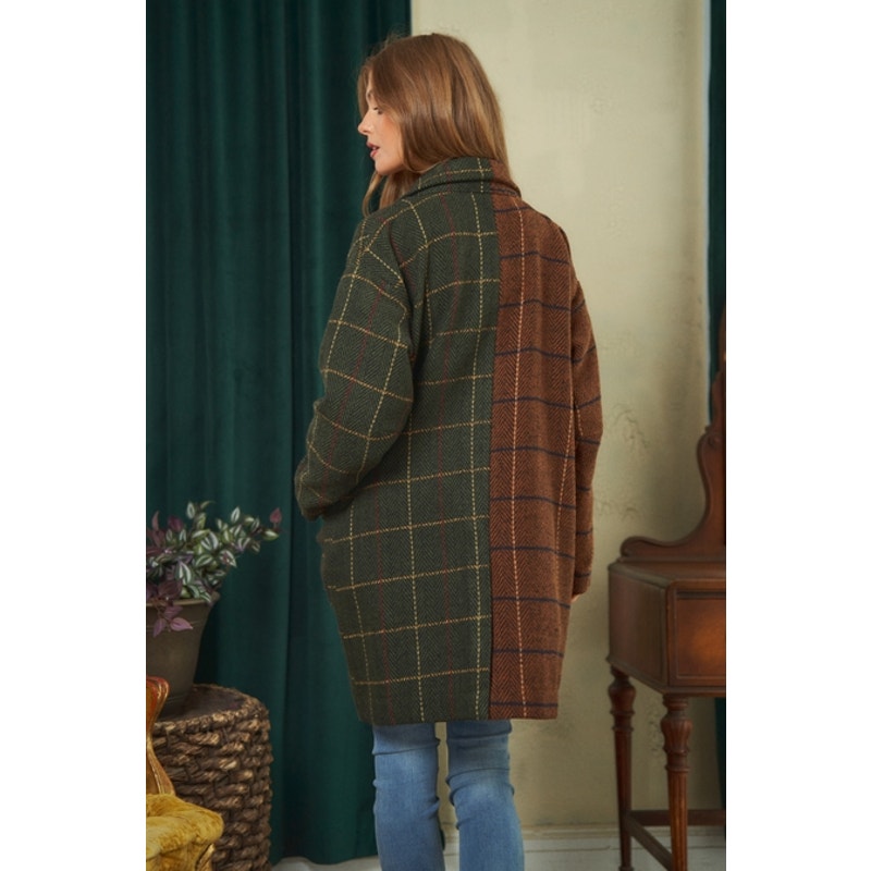 Manteau long à carreaux bicolores marron et olive