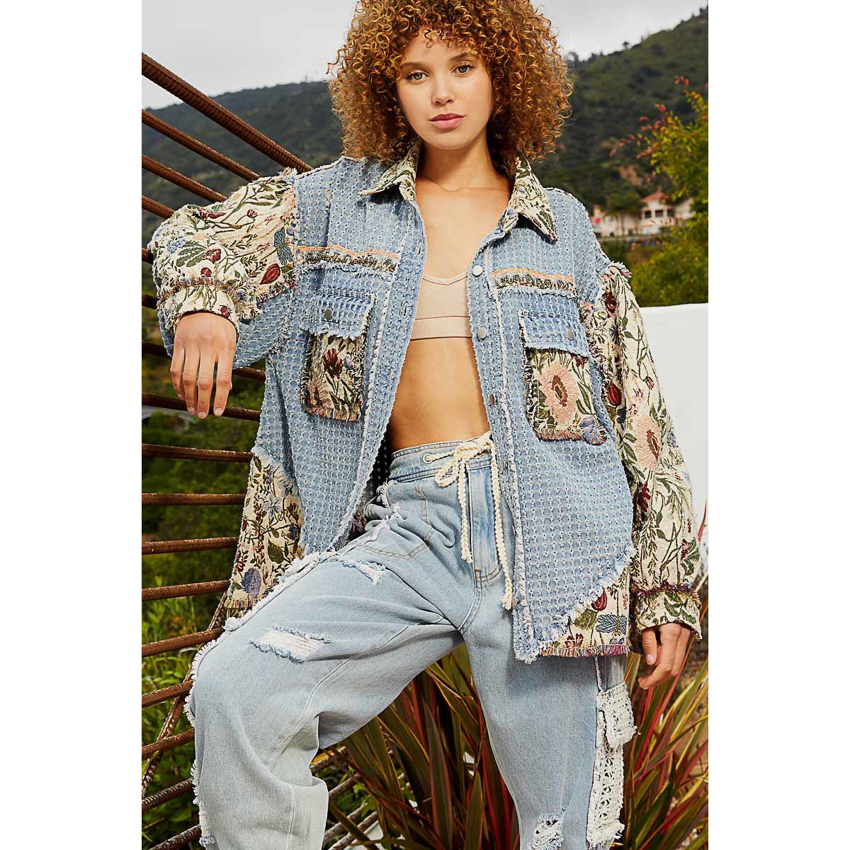 Denim Multi Oversized Jacquard Tapestry Button Down Floral Print Shacket