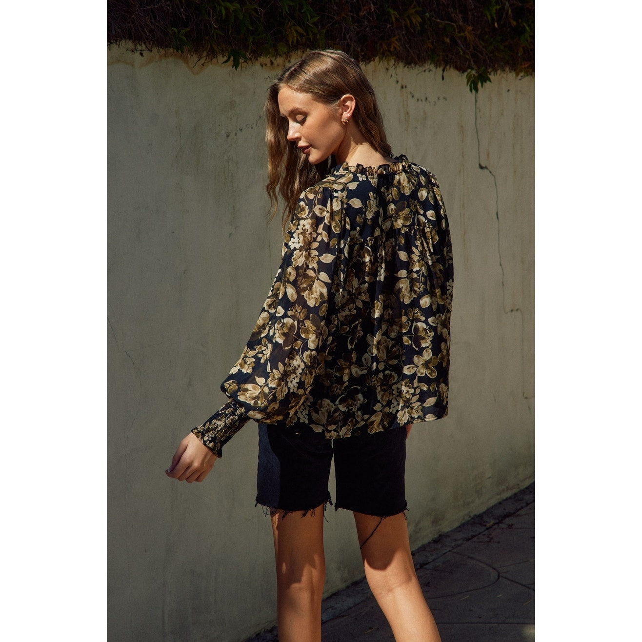 Black Floral Ruffled Neck Blouse