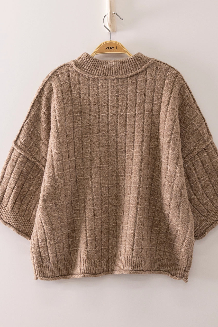 Mocha Cropped Length Ribbed Knit Sweater