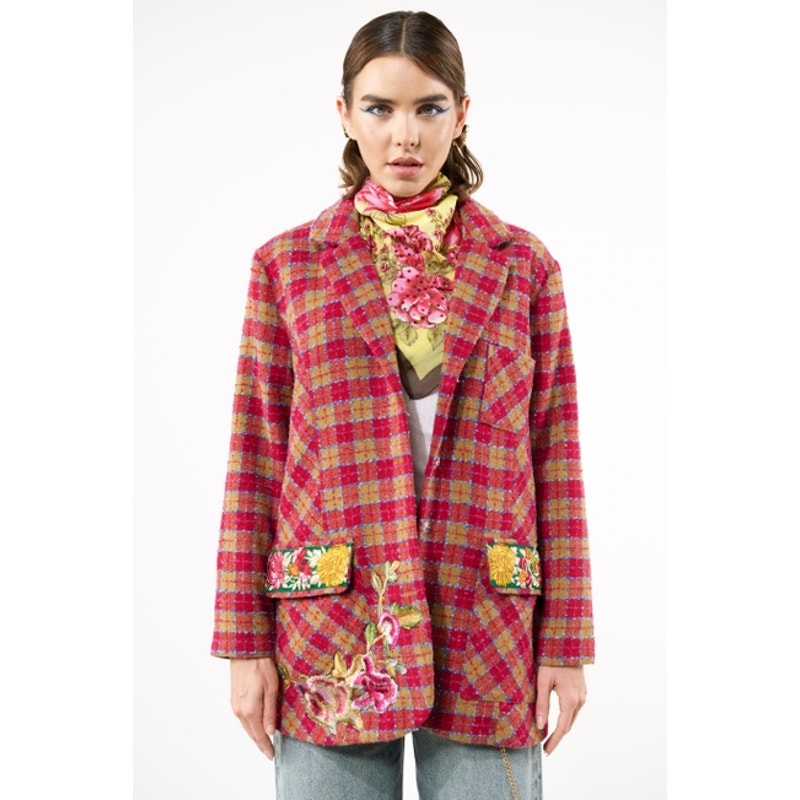 Chaqueta blazer Aratta con forro de bouclé de coco y camello fucsia