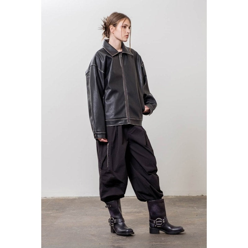 Moon River Black Front Zip Faux Leather Jacket