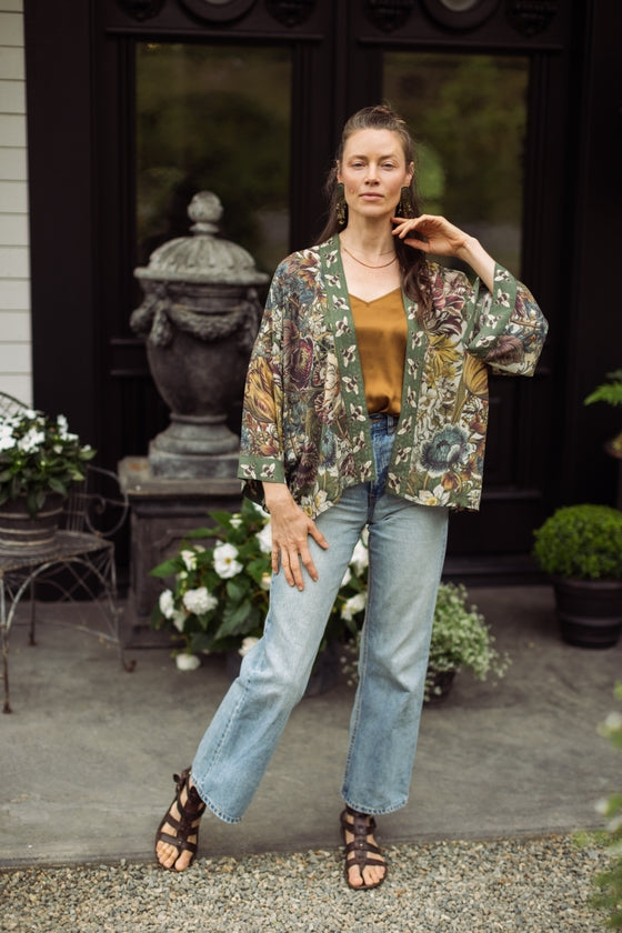 Love Grows Wild Floral Bamboo Cropped Kimono with Bees One Size