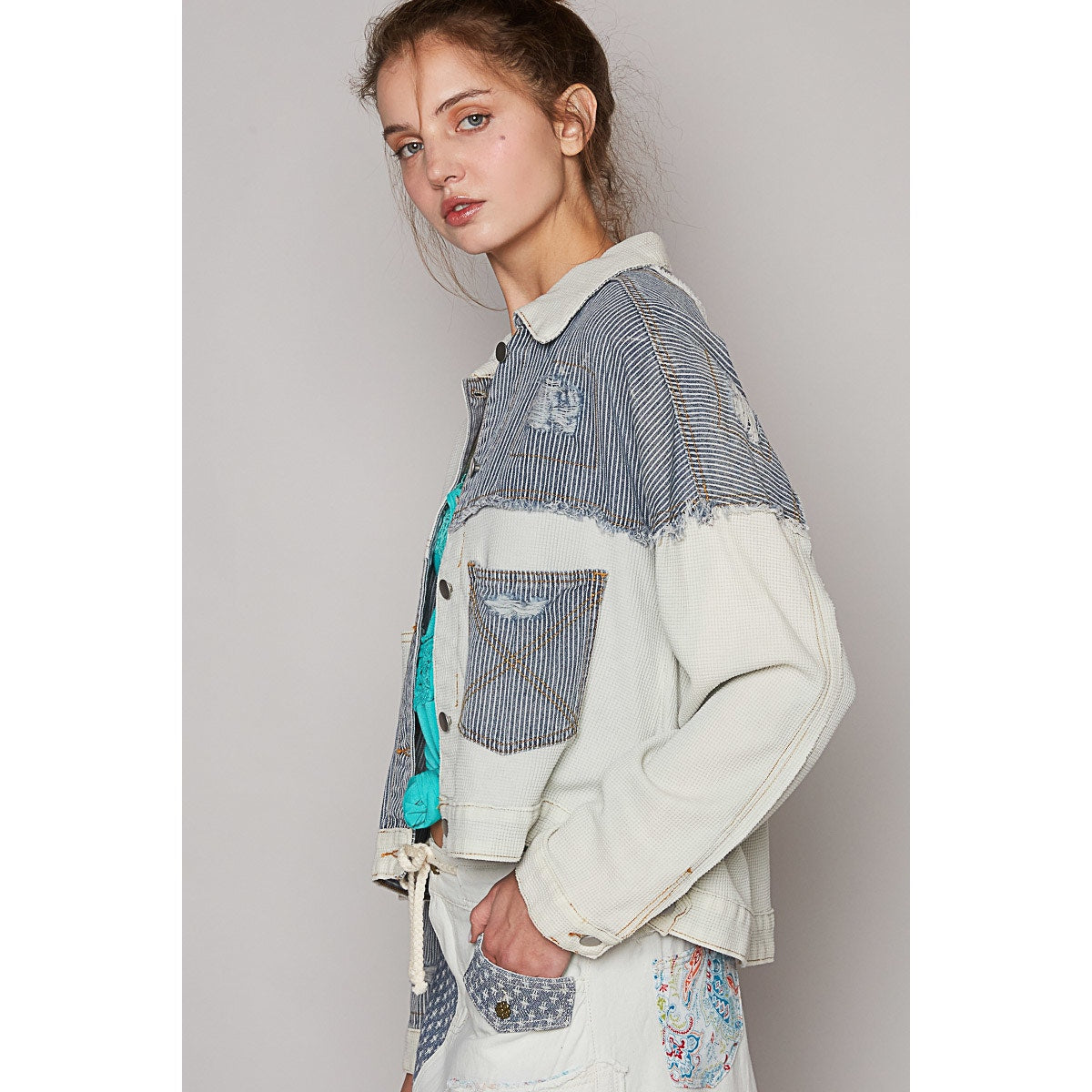 Ivory Multi Pinstripe Oversized Distressed Patchwork Jacket