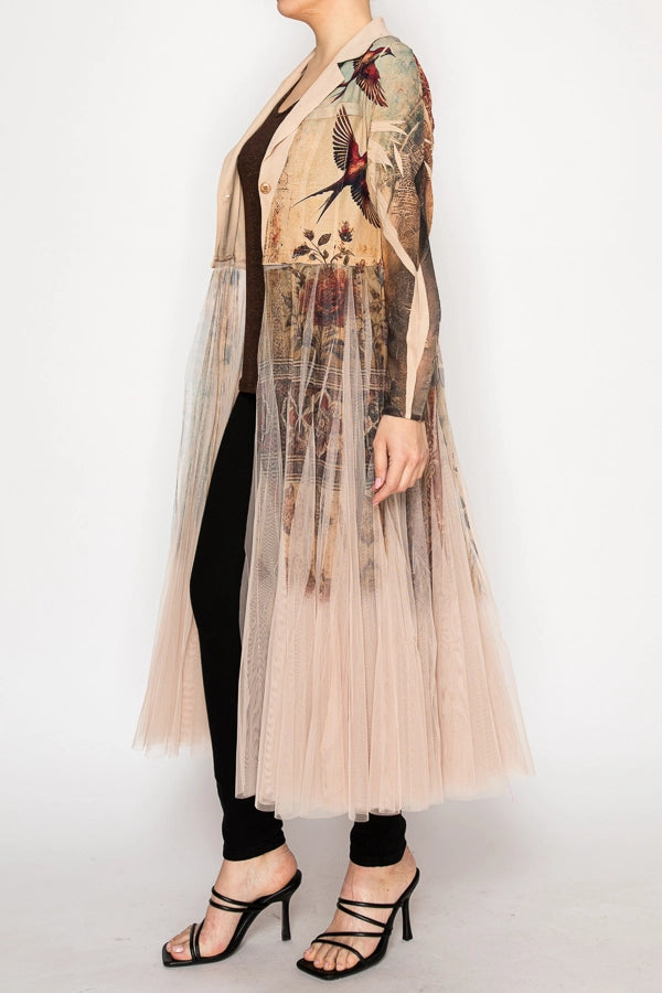 Vintage Bird Longline Blazer Jacket with Mesh Tulle Panel