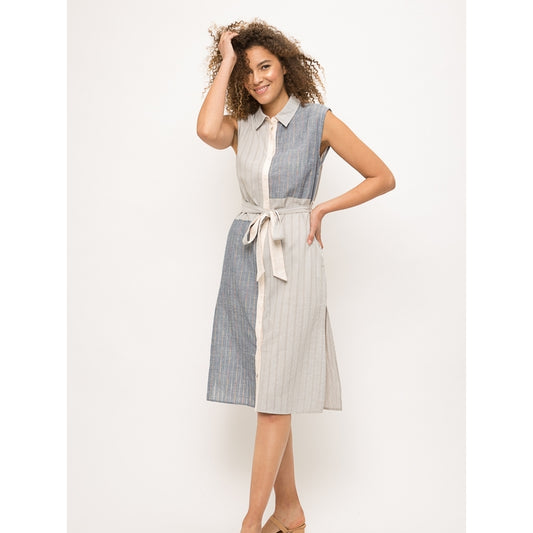 Mix Media Waist Tie Sleeveless Shirt Dress