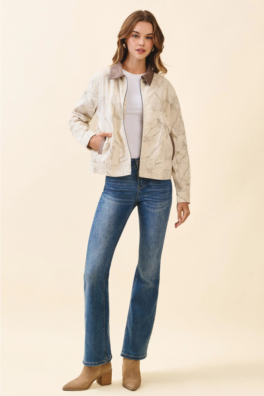 Floral Print Corduroy Detail Jacket
