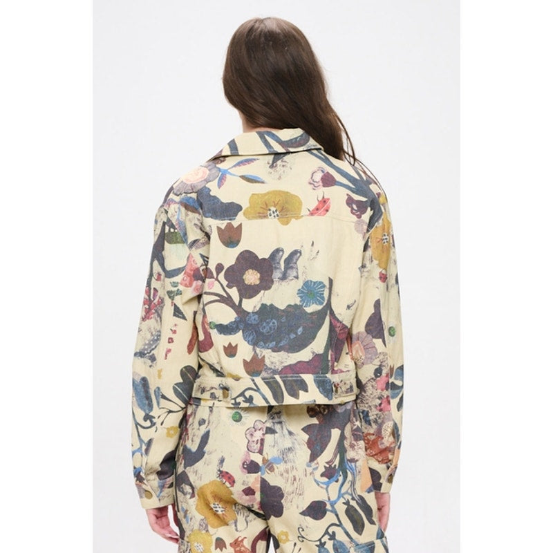 Botanical Print Button Down Denim Jacket