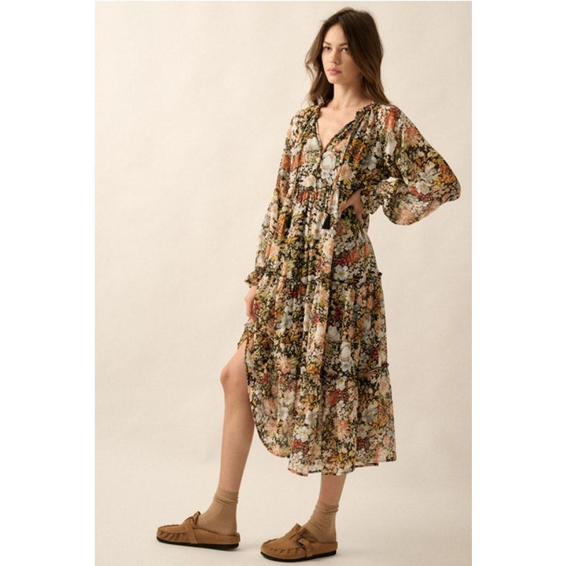 Black Floral V-Neck Chiffon Midi Dress