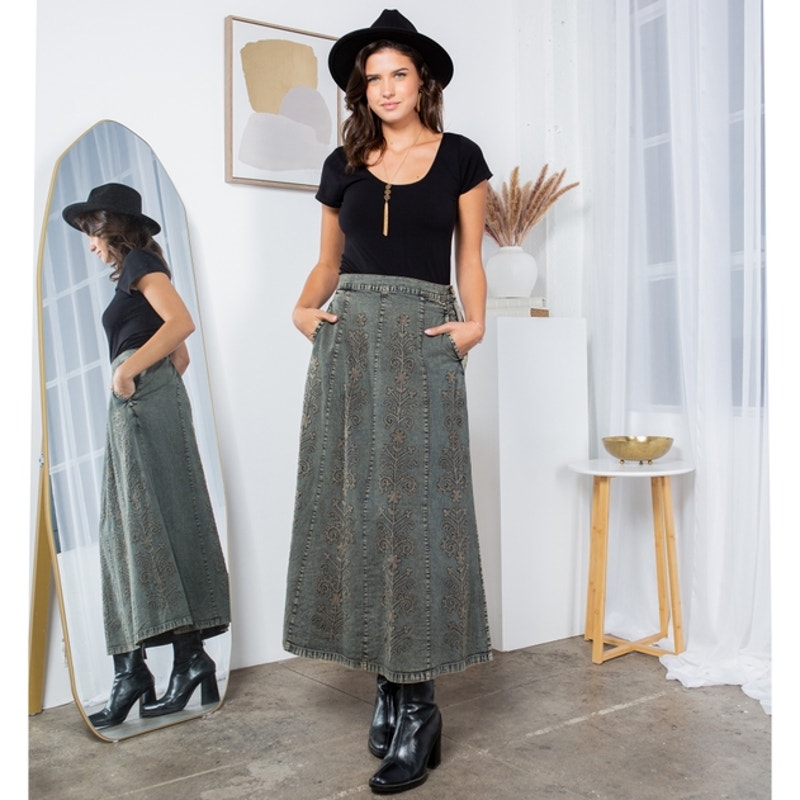 Gravel A-Line High Waist Hand Embroidered Denim Western Maxi Skirt