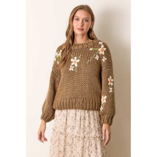 Embroidered Flower Print Knit Sweater