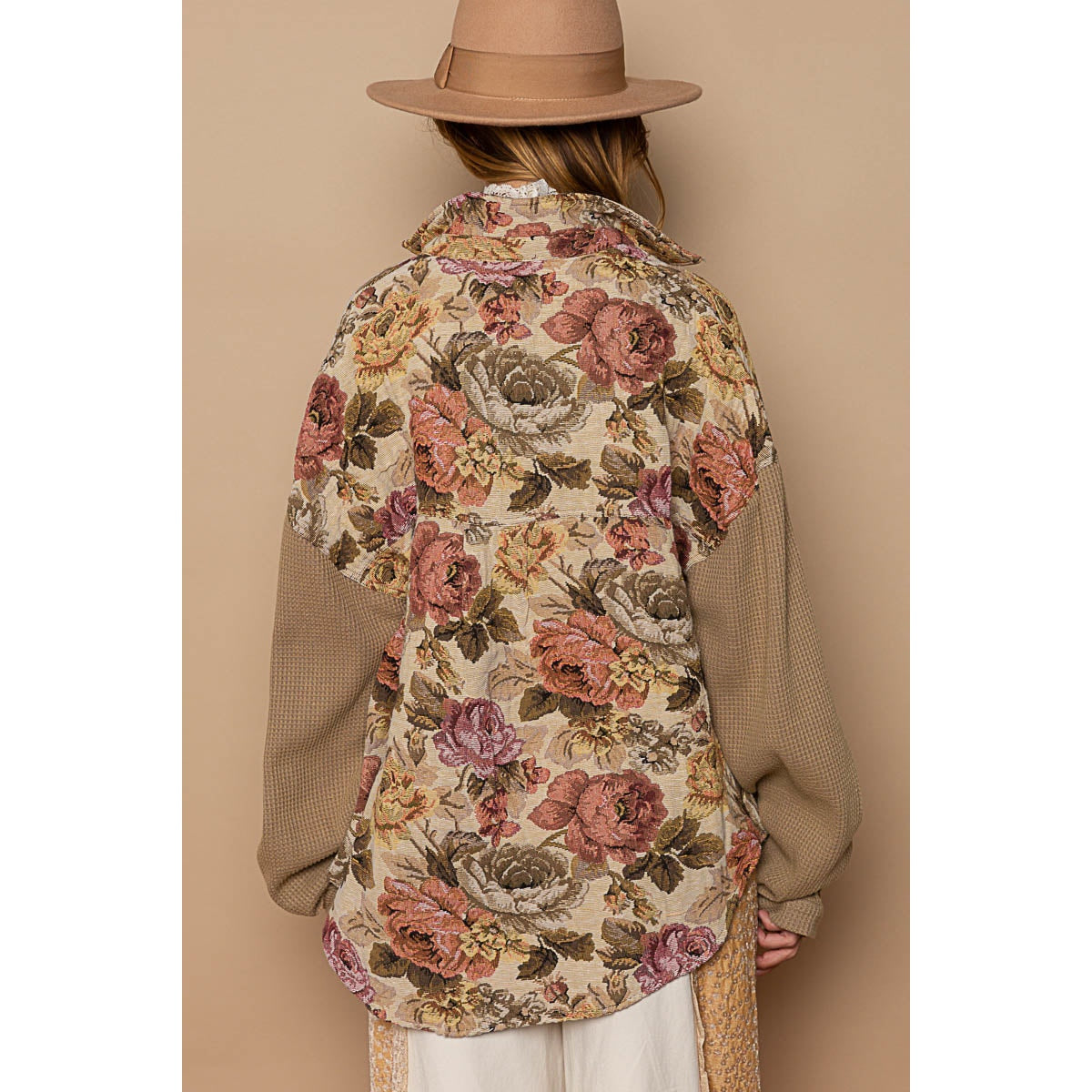 Latte Mocha Contrast Sleeves Button Down Floral Print Shacket