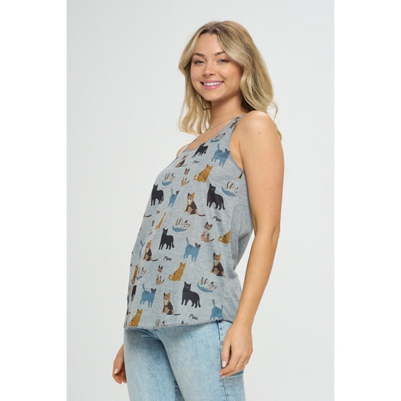 Camiseta sin mangas con estampado de gato maullando gris