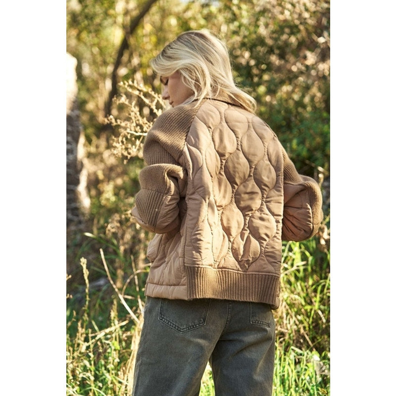 Mocha Ribbed Sweater Quilted Jacket
