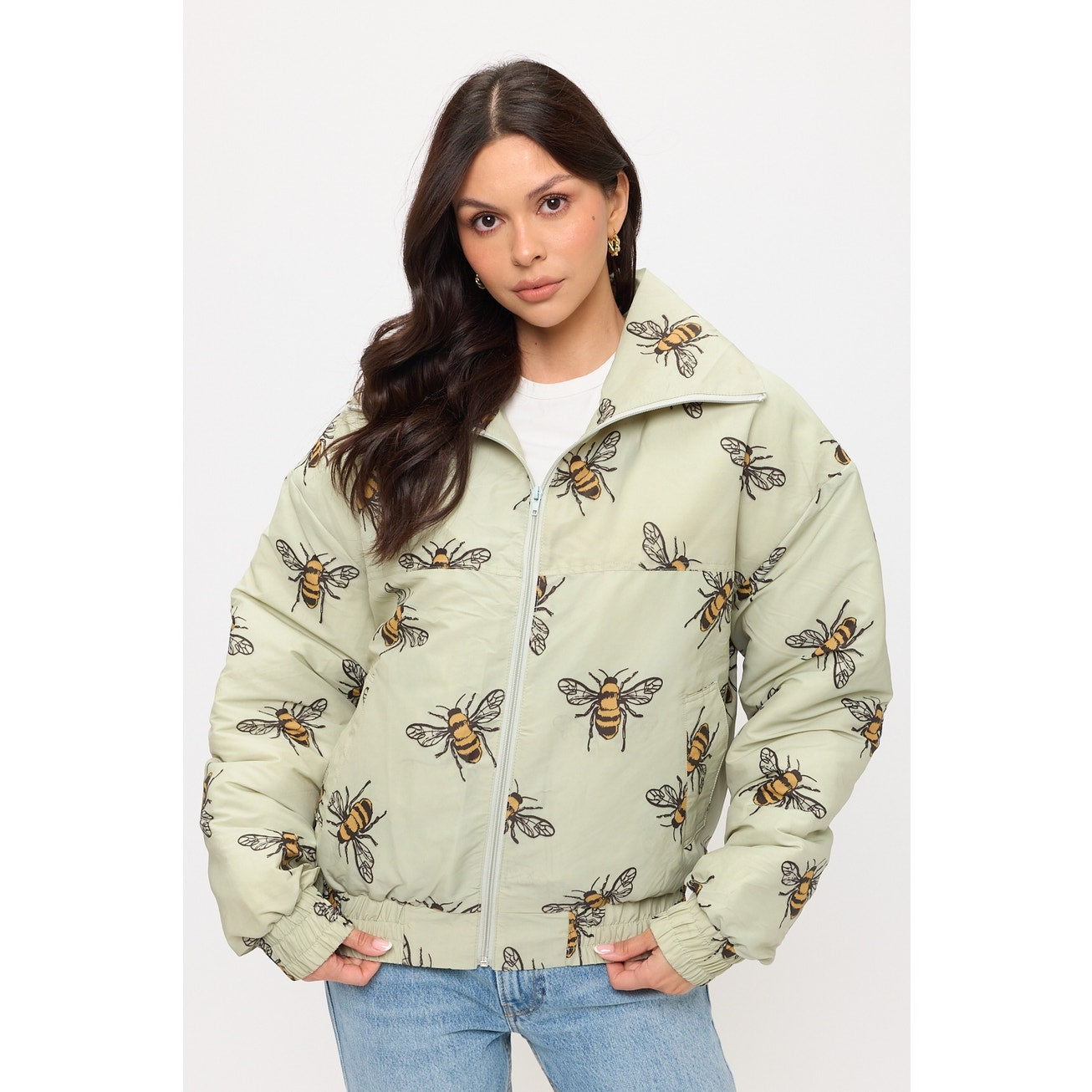 Bumble Bee Print Bomber Puffer Jacket
